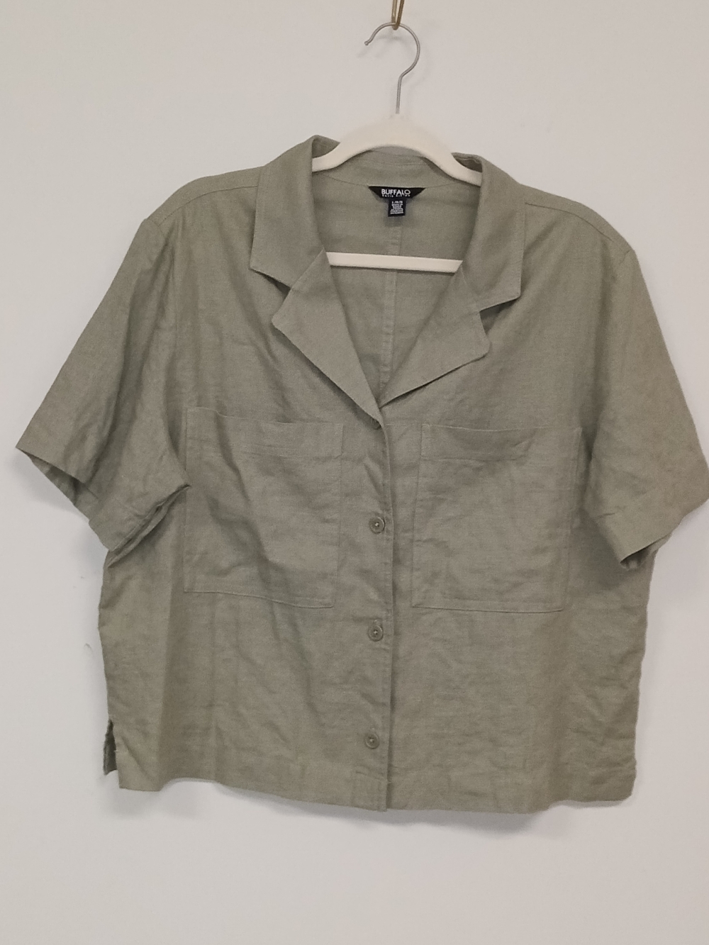 Buffalo Linen Blend Women's Sage Green Short Sleeve Button-Up Crop Minimalist L